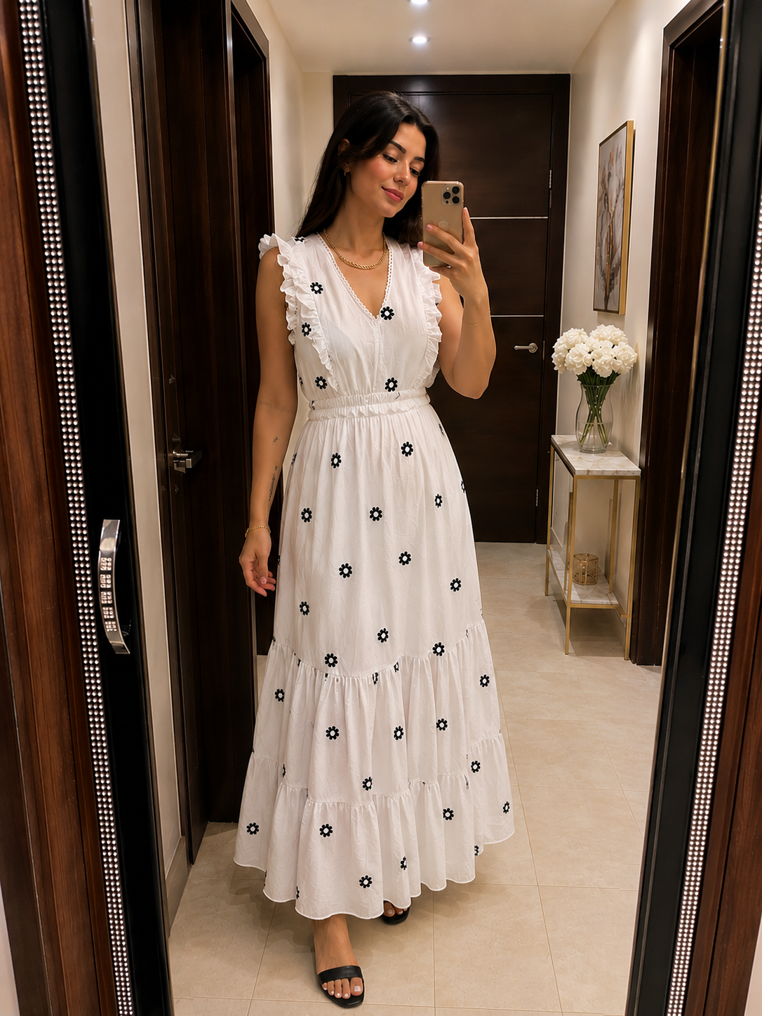 White Floral Embroidered Ruffle Maxi Dress
