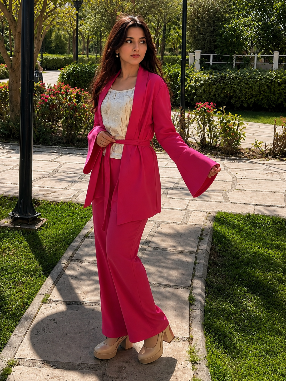 Hot Pink Belted Kimono Set - three quarter view
