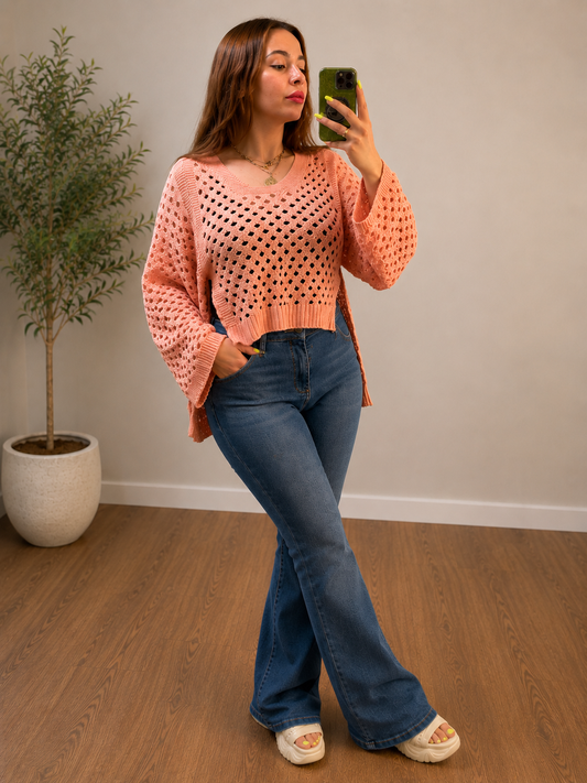 Salmon Crochet Crop Top - front mirror selfie