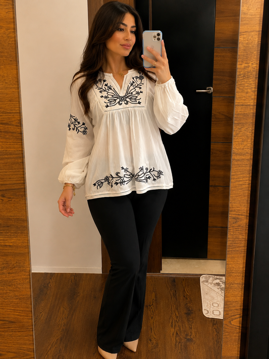 White Embroidered Boho Blouse