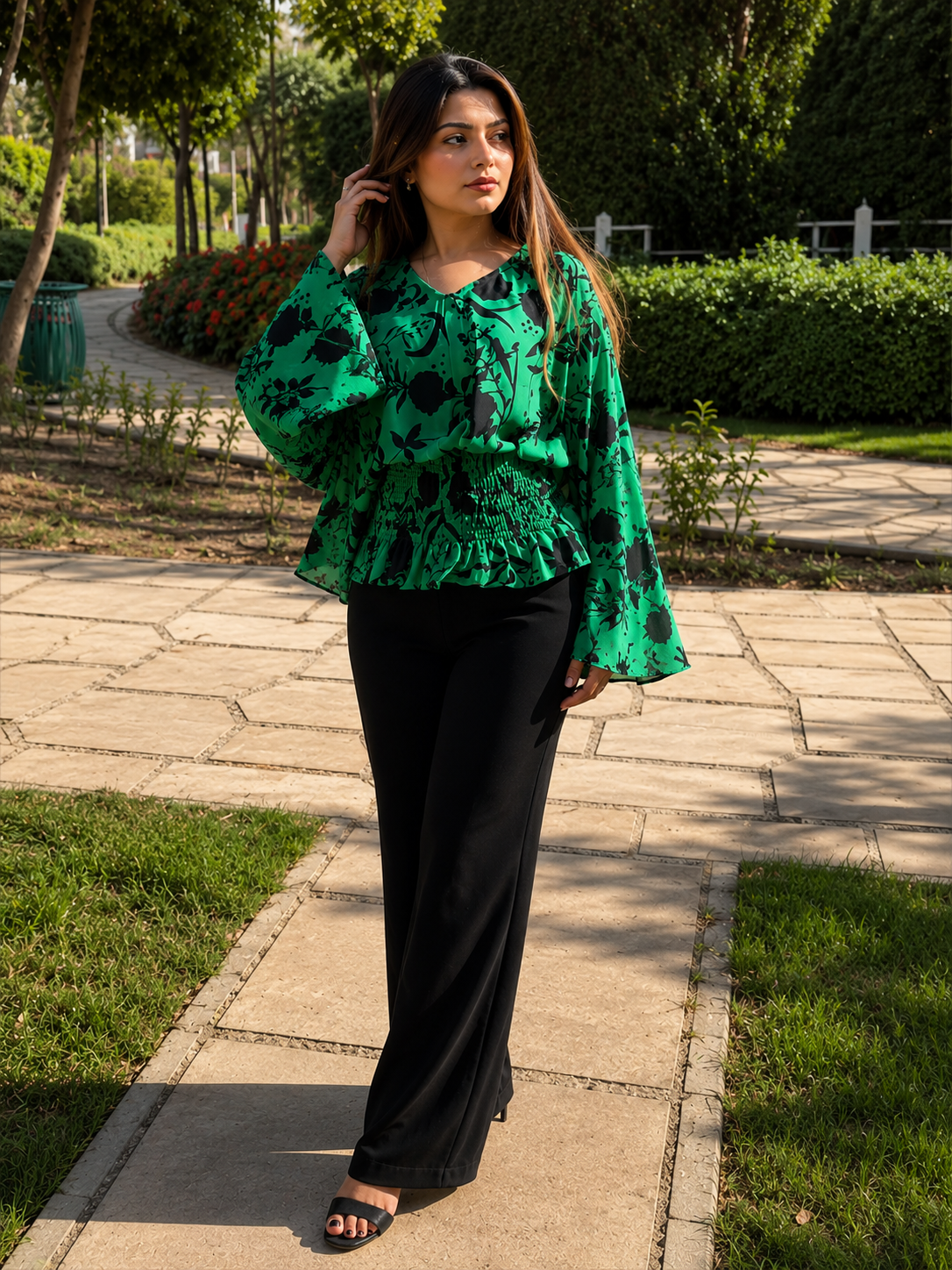Green floral butterfly blouse - side view