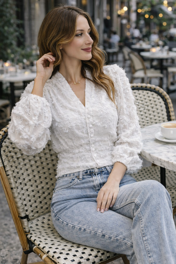 Textured Puff Sleeve Button-Up Blouse