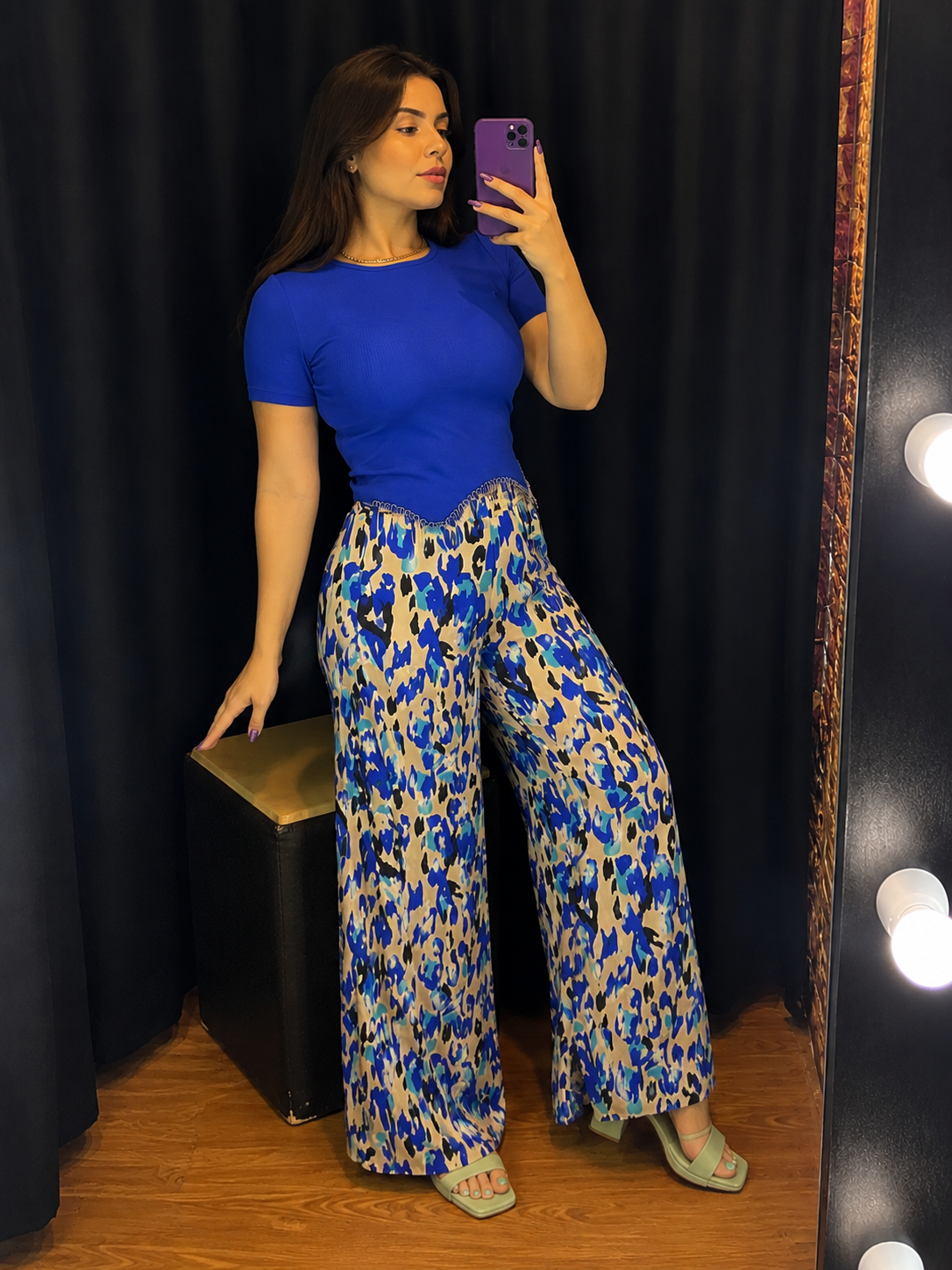Blue Abstract Print Satin Wide-Leg Pants