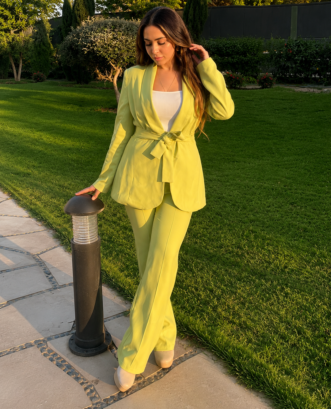 Lime yellow belted blazer and flare pants set - styled look