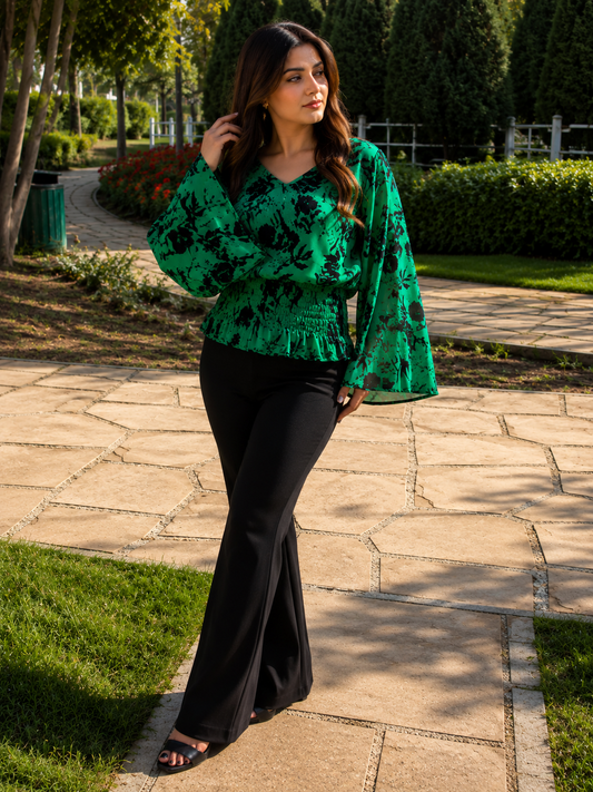 Green floral butterfly blouse - front view