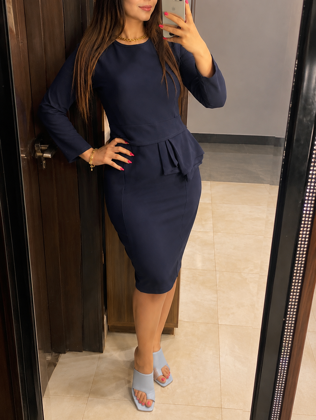 Navy Peplum Midi Dress