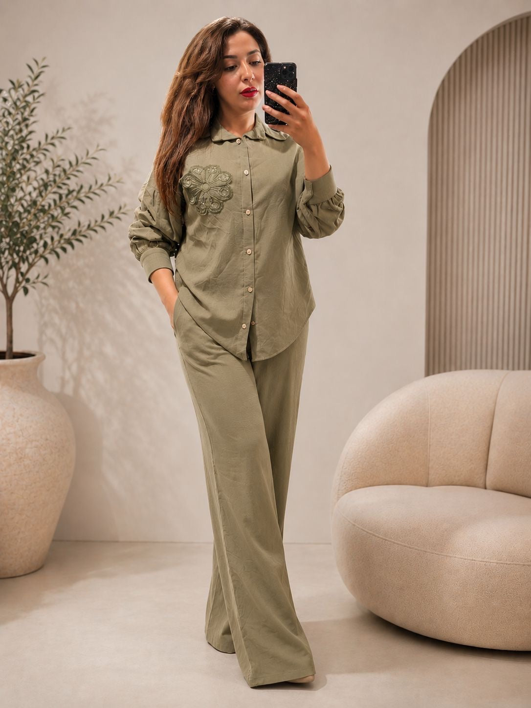 Embroidered Flower Linen Co-ord Set