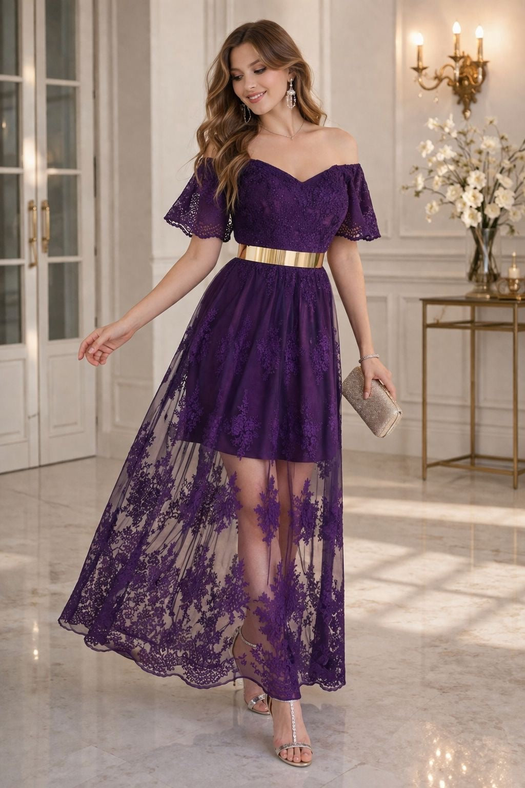 Purple Lace Off-Shoulder Fancy Dress