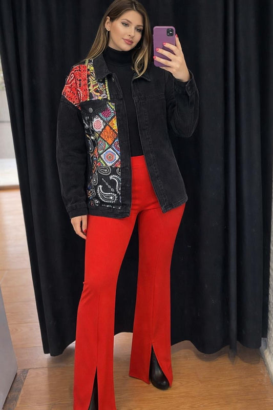 Black Patchwork Denim Jacket with colorful paisley prints - front view