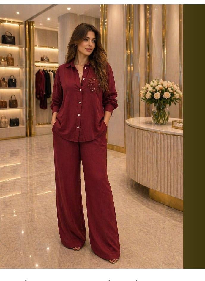 Embroidered Flower Linen Co-ord Set